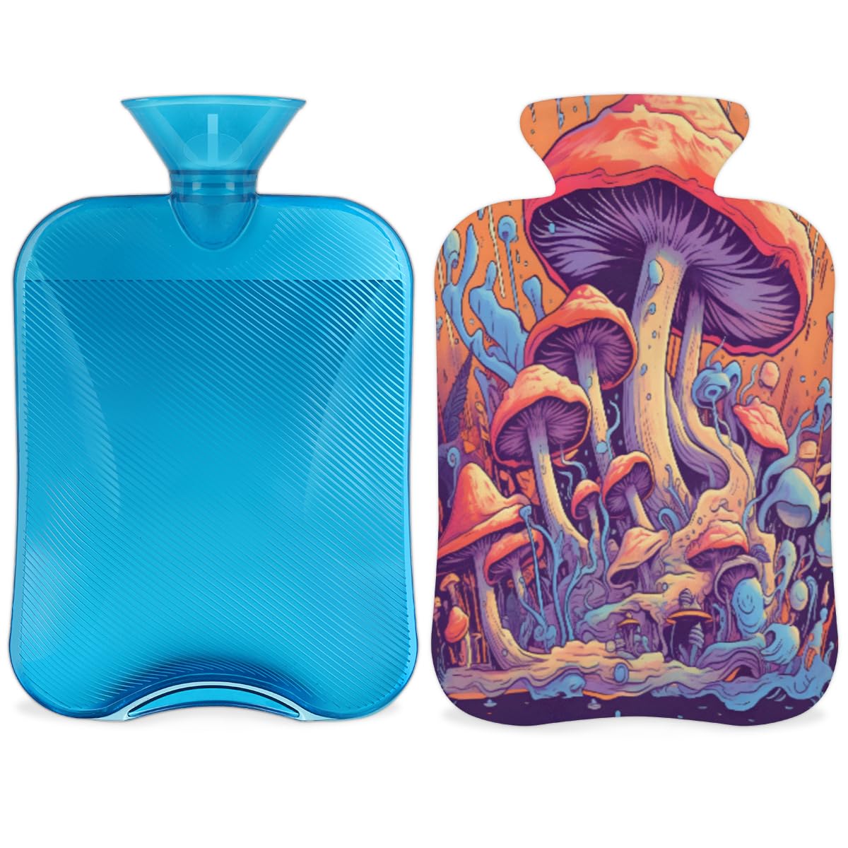 Hot Water Bottle with Soft Cover,2L Mystical Mushrooms Hot Water Bag for Hot and Cold Compress, Hand Feet Warmer, Forest Mushrooms Rubber Hot or Cold Water Bottle Halloween Christmas Decorations