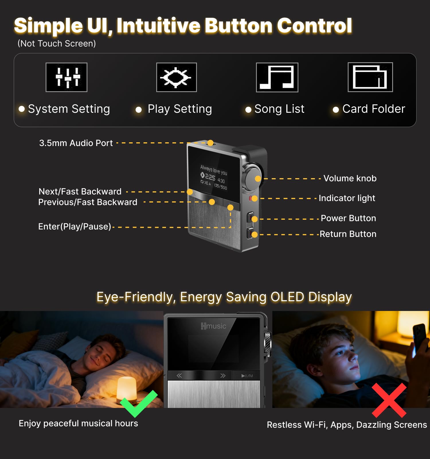 Hmusic Lettore MP3 HIFI con clip rimovibile | Cablato/Bluetooth, DAC, Audio ad alta risoluzione senza perdita, Lettore DSD/FLAC/DAP