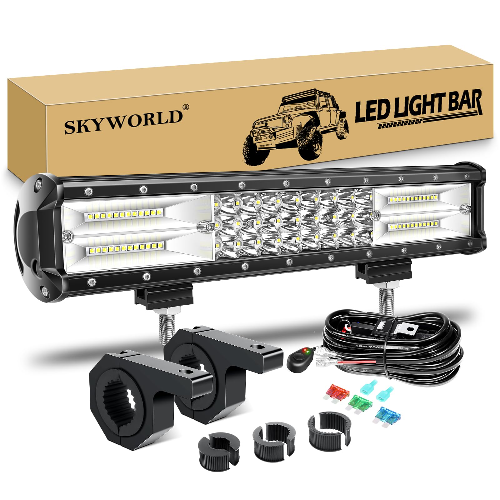 SKYWORLD 38.1 cm 216 W trzyrzędowa listwa oświetleniowa LED z wiązką przewodów, 12 V 24 V, wodoodporne, do jazdy terenowej, światła przeciwmgielne z drążkiem, uchwyt zaciskowy, uchwyt zderzaka do