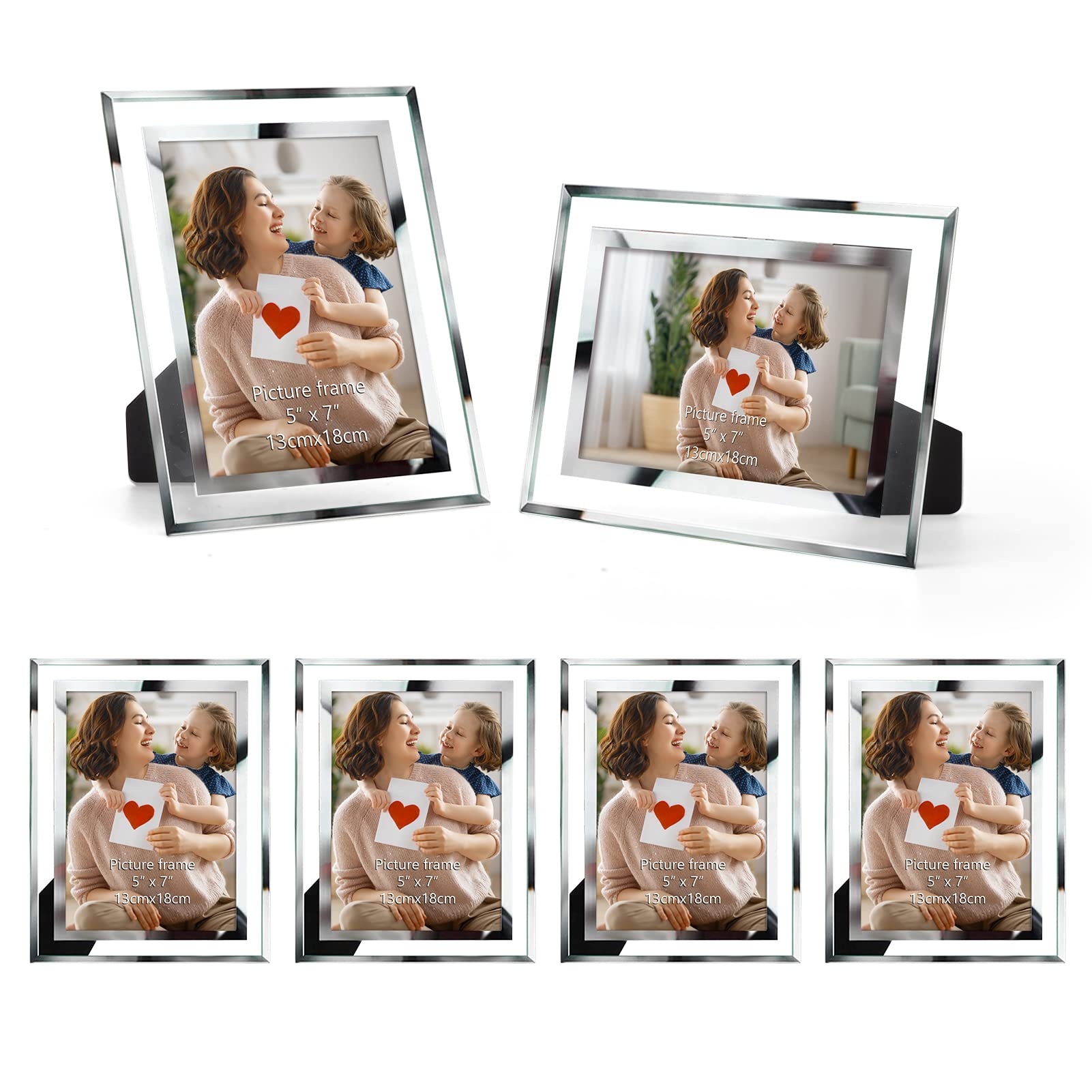 PETAFLOP 5x7 Picture Frames, Mirrored Glass Photo Frame 5 by 7 for Tabletop Display Horizontally or Vertically, 6 Pack