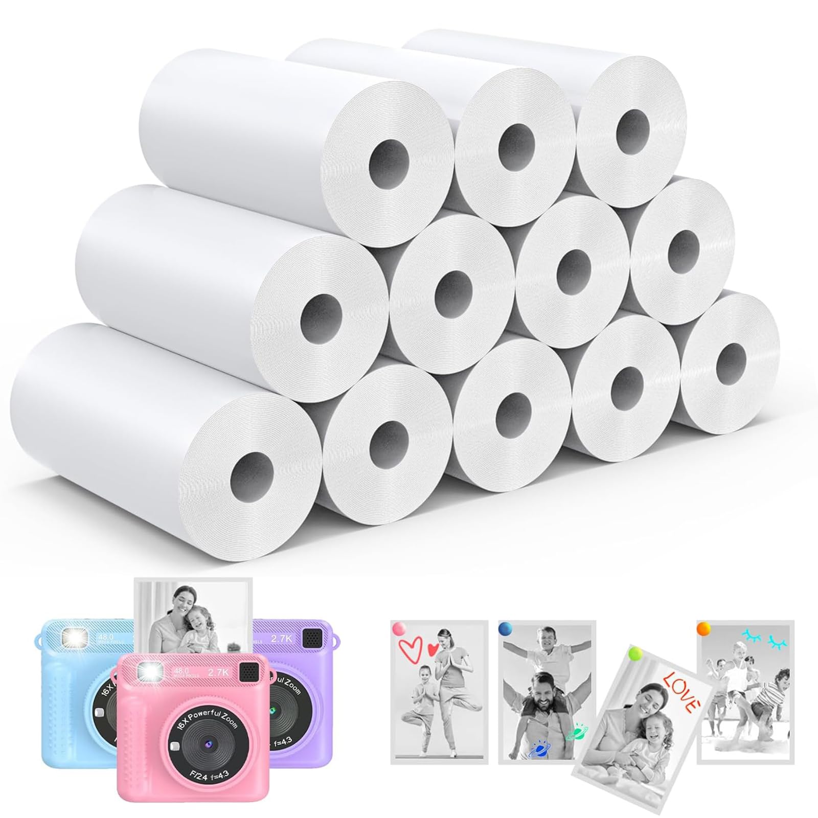 12 Rollos Papel Térmico para Cámara Infantil, Papel Fotográfico Impresora Térmica, Papeles de Repuesto Sin Tinta para Cámara Fotos Niños, Fácil de Reemplazar, Blanco 57x25mm