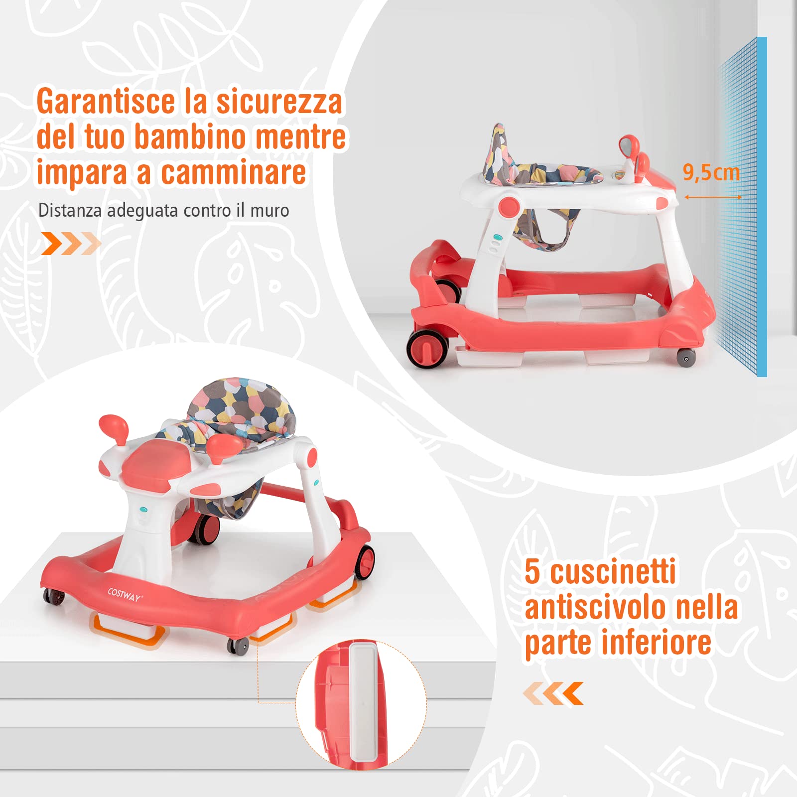 COSTWAY Girello per bambini 2 in 1, Girello con Altezza e Velocità Regolabili, Carillon con Luci e Cuscino Comodo, Primi Passi per Bambini 6-18 Mesi, Capacità di carico: 15 kg (Arancia)