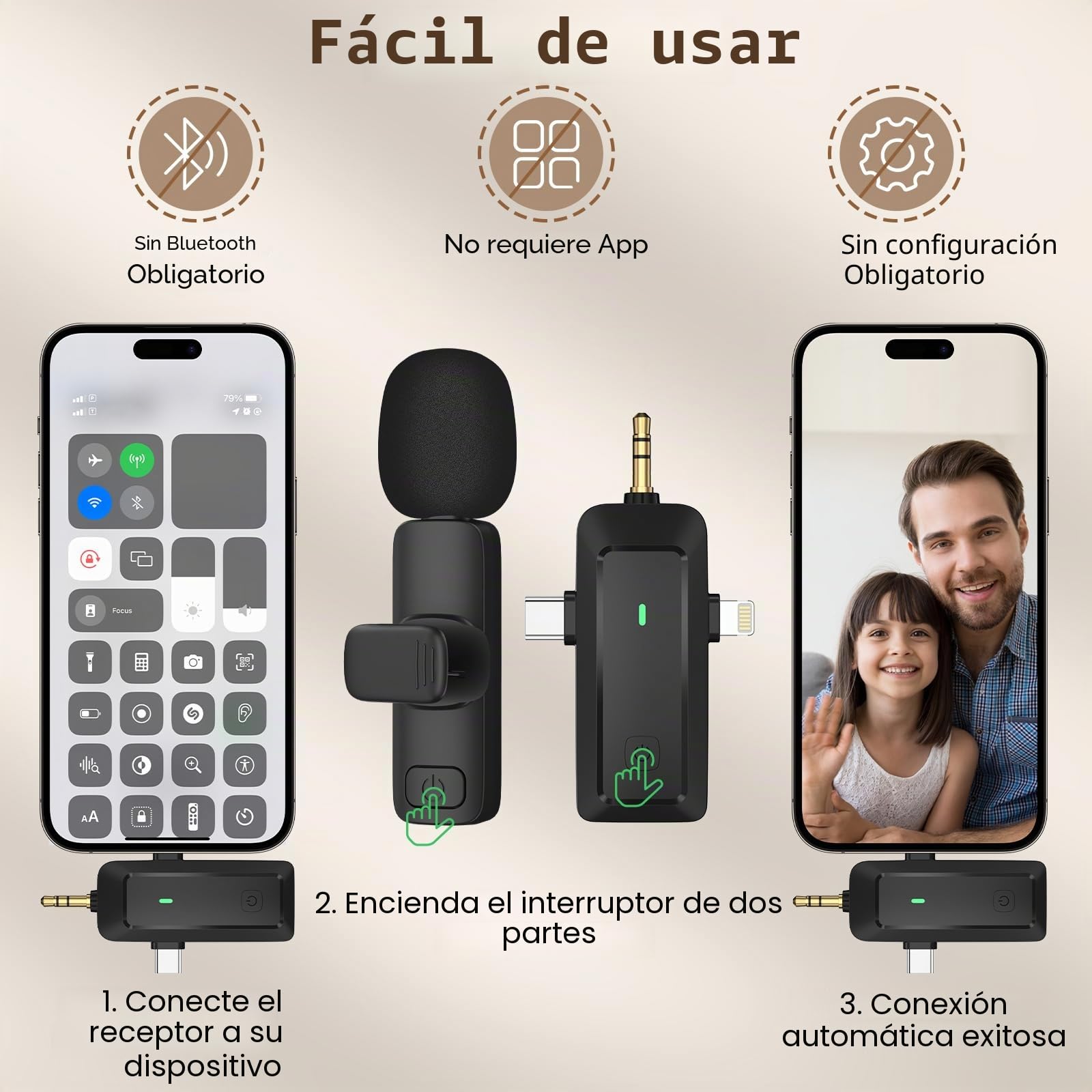 HMKCH Micrófono Lavalier inalámbrico para iPhone/teléfono Android/Cámara/Computadora/Portátil, micrófono Profesional de Doble Solapa con Conector USB-C/3,5 mm/USB para grabación de vídeo, Vlog