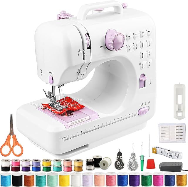 Machine à coudre pour débutants DIY Outil à coudre avec pied de pédale 12 Machine à coudre portable à mailles, 36 Fils de couleur, ILED Light, Bobbin Winder automatique, blanc violet pour les vêtements