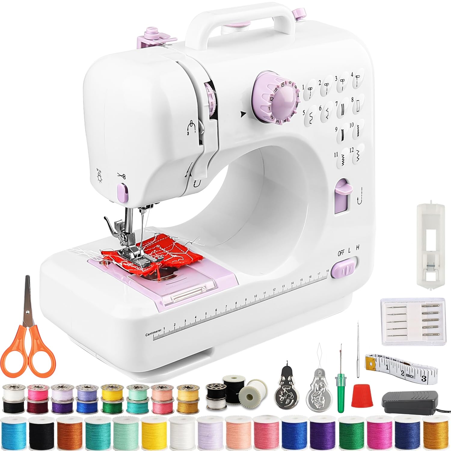 Nähmaschine Anfänger mit 12 Stichmustern Nähzubehör-Set Nähmaschine Elektrisch mit 42 Teilen Zubehör, Leicht Tragbar für DIY & Handarbeit - für Kinder & Erwachsene (Lila/Weiß)