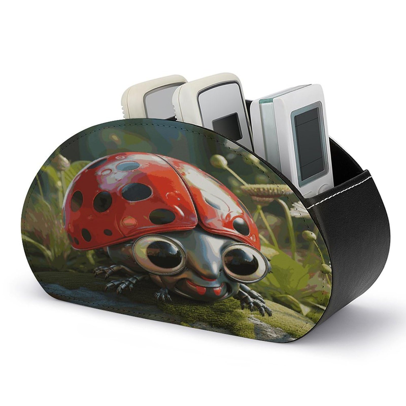 JTREHY Cartoon Ladybug Remote Control Holder 5 Compartments Remote Caddy Tray PU Leather TV Remoter Storage Box Bedside Table Storage Organizer Office Desk Storage Case