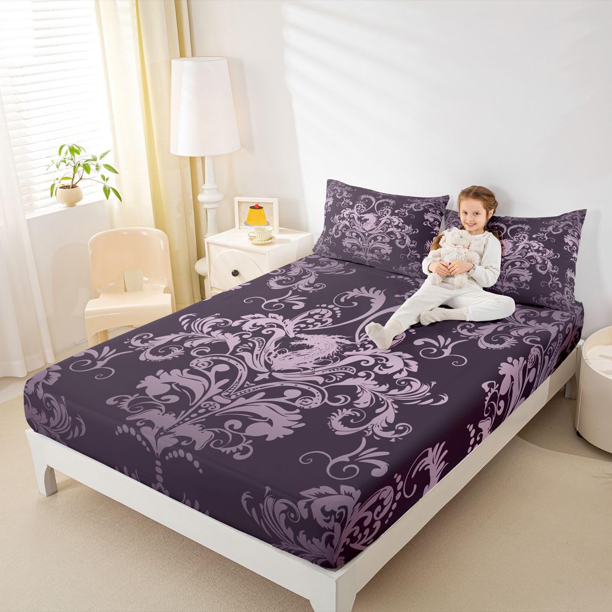 Homewish Fioletowy adamaszek zestaw pościeli podwójny pterozaur smok gotyckie prześcieradła vintage boho kwiatowy zestaw prześcieradeł - antyczne wiktoriańskie prześcieradła wierzchnie 4-częściowy