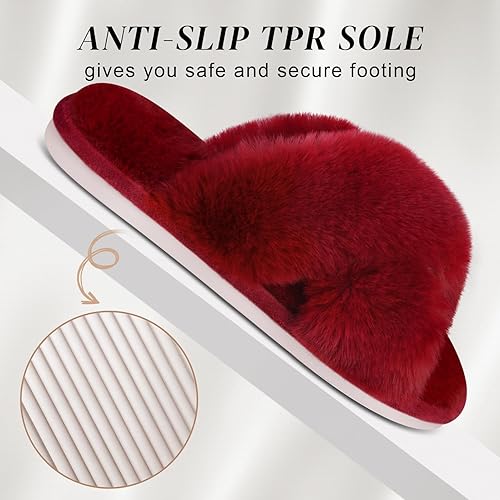 Miniatura 4 de Parlovable Women's Cross Band Slippers Fuzzy Soft House Slippers Plush Furry Warm Cozy Open Toe Fluffy Home Shoes Comfy Indoor Outdoor Slip On
