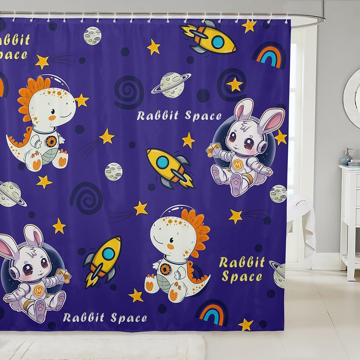 Animal Astronaut Shower Curtain,Cartoon Rabbit Dinosaur Bathroom Curtain Kids Boys Girls Bathroom Decor,Star Rocket Universe Planet Waterproof Curtain,Rainbow Navy Bath Curtain,12 Hooks,72"Wx84"L
