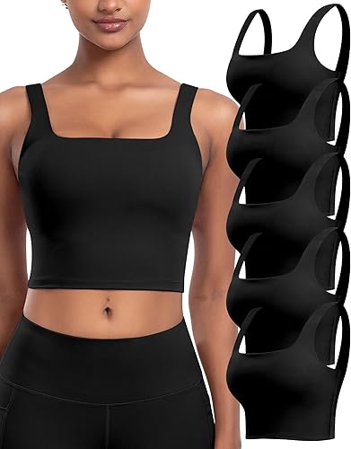Miniatura 8 de Sujetadores deportivos para mujer, paquete de 5 unidades, cuello cuadrado, camiseta corta sin mangas acolchada para yoga con almohadillas integradas