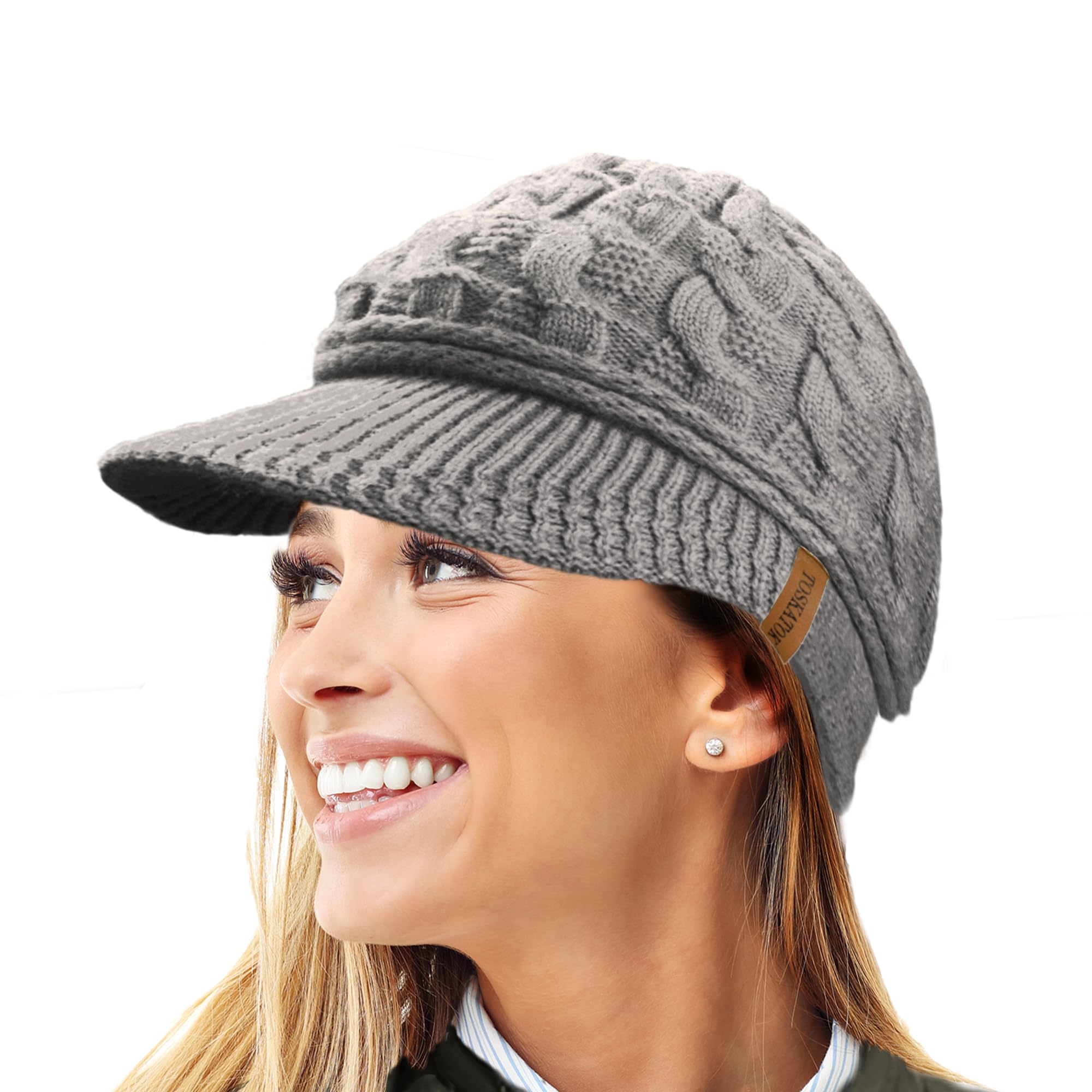 Toskatok Women's Grey Peaked Cable Knit Warm R80 Teddy Fleece Lined Beanie Winter Hat Cap