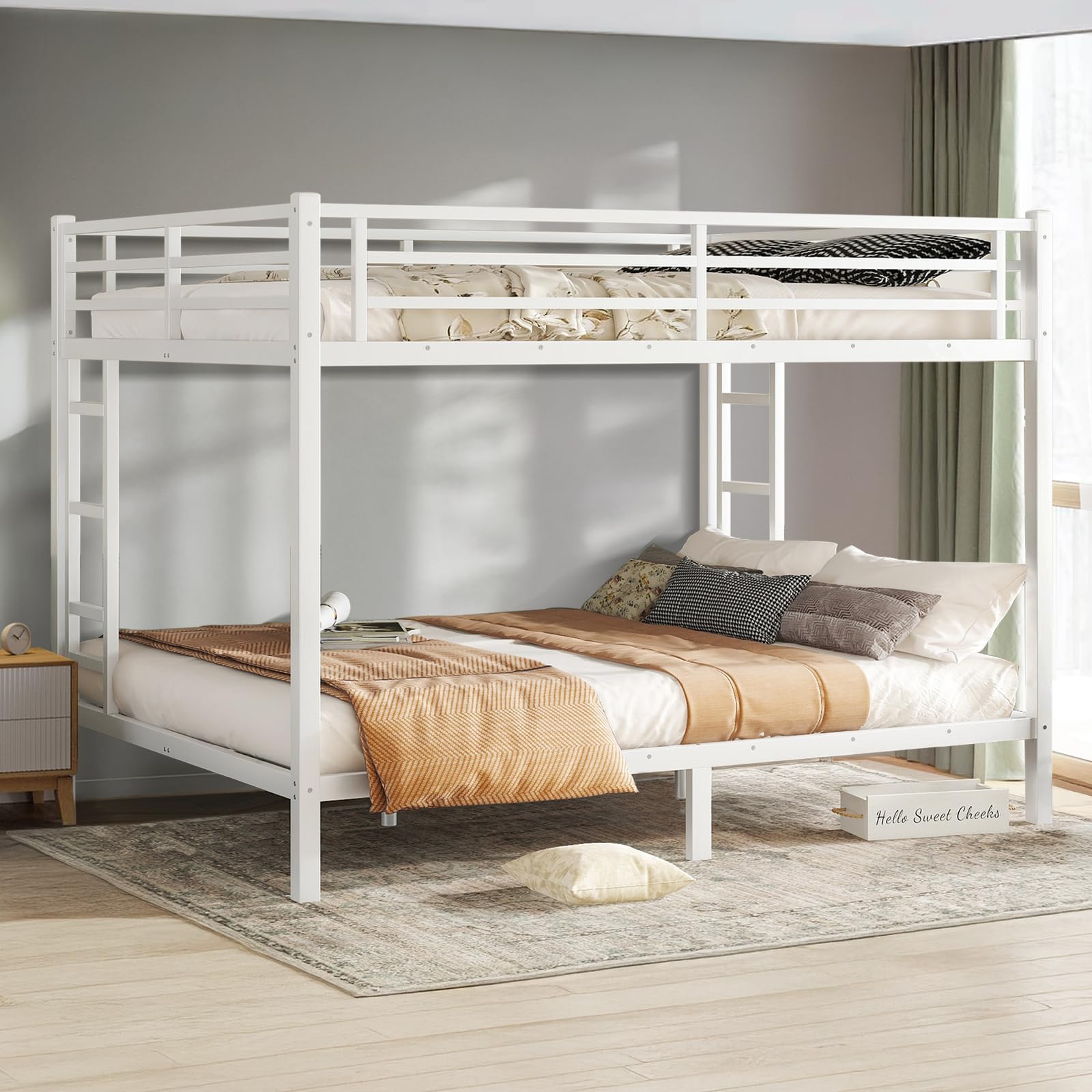 Queen Over Queen Bunk Bed, Metal Bunk Bed Frame Heavy Duty Bunk Beds Loft Bed Frame with Ladder and Guardrail Metal Slats No Box Spring Required for Adults Teens, White