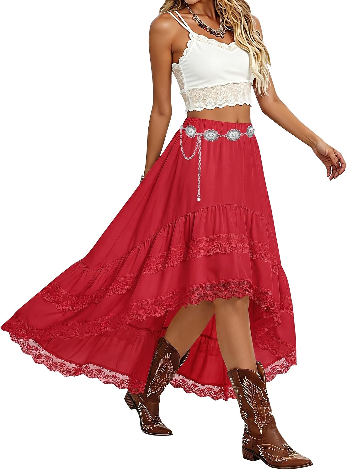 XZQTIVE Women Western Boho High Waist Lace Fringe Asymmetrical Cowgirl Midi Skirt Country Concert Outfits for Women