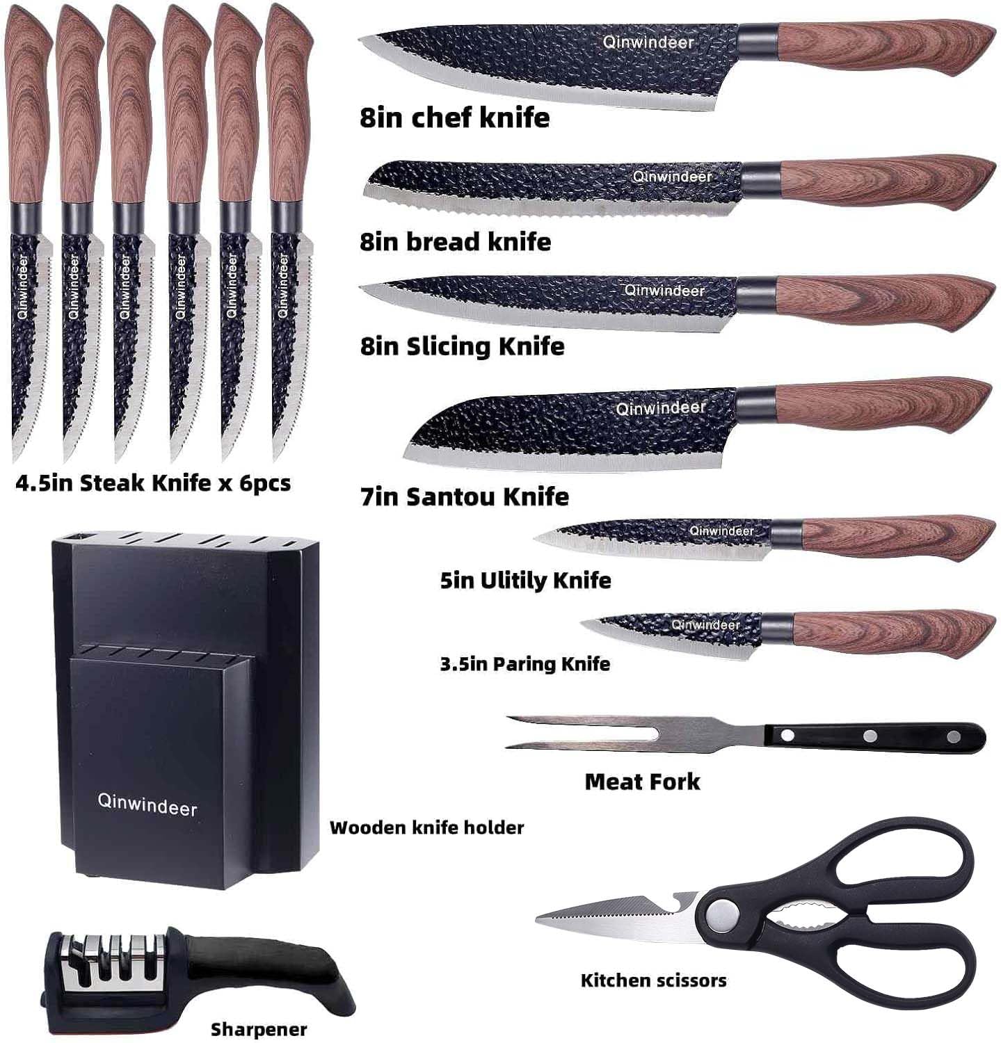 Knife Block Set with Sharpener 16 Pis?Forged Cooking Kitchen Knives Sets Dishwasher Safe?Chef Cutting Knofe Set Stainless Steel Black Blade(black)