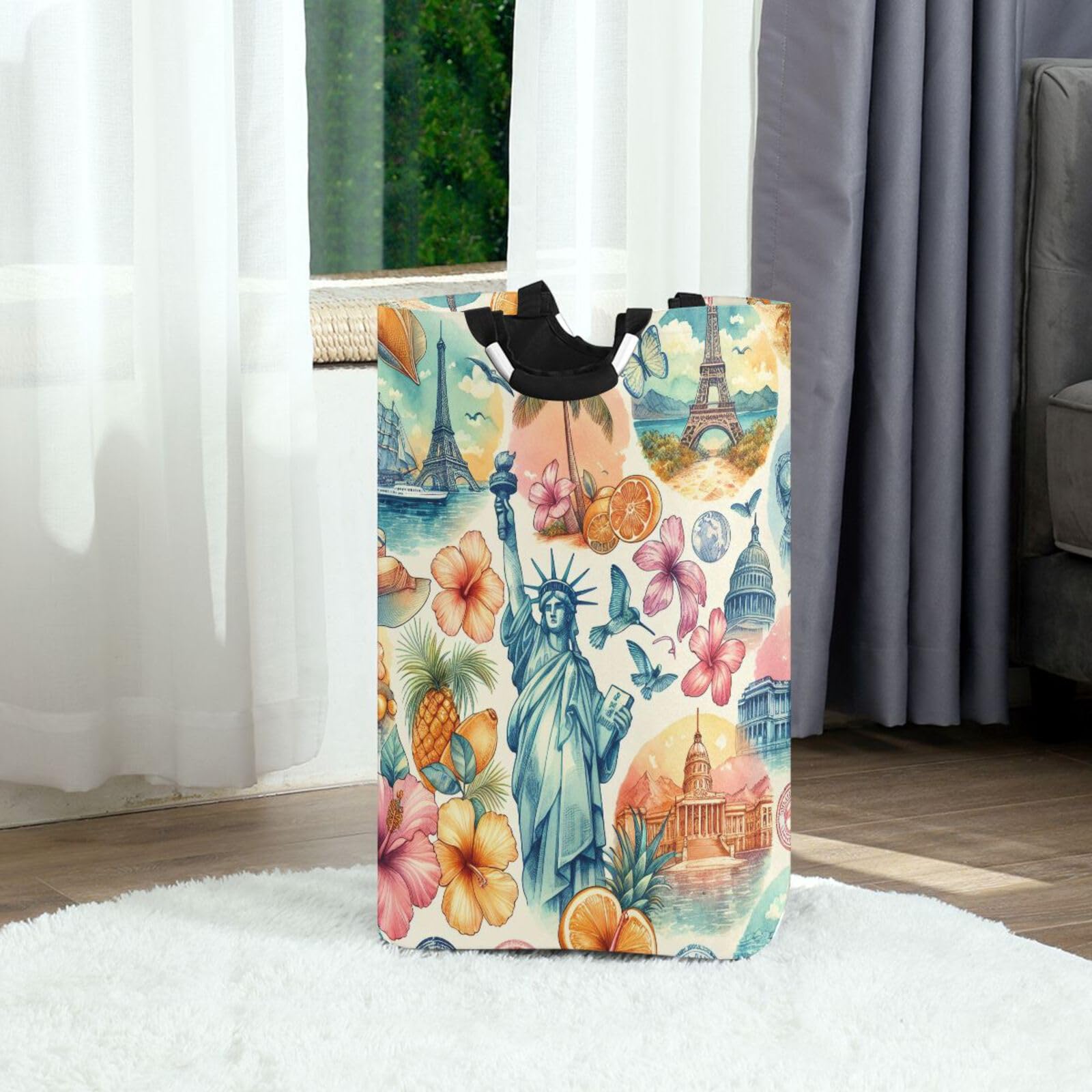 Jihqo Laundry Hamper Basket Tropical Flowers City Beach Collapsible Nursery Storage Bin Waterproof Clothing Baskets for Home Bedroom Bathroom Washing Room