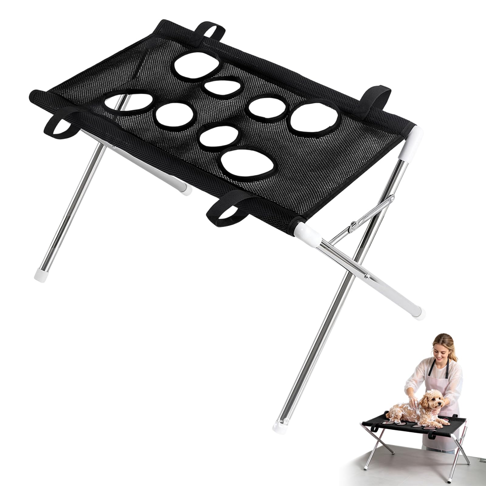 Cat Dog Grooming Hammock, Pet Bath Stand Mesh Bathing Station with Stable Stainless Steel Frame, Foldable Dog Grooming Table for Trimming, Bathing, Brushing, Small Pets (Black, For pets under 10 kg)