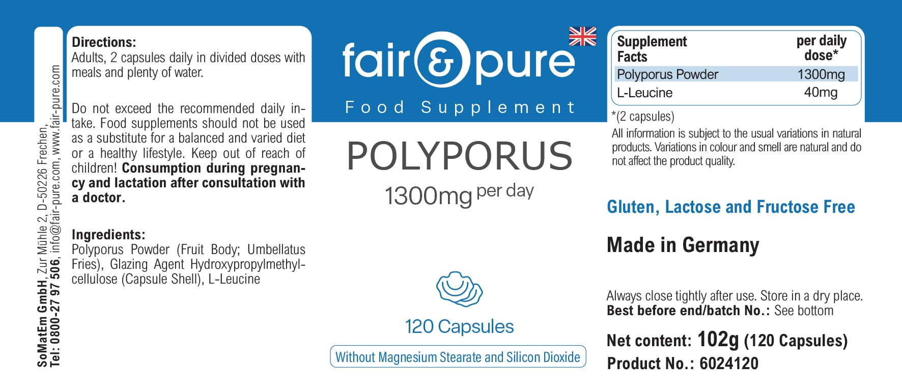 Fair & Pure® - Polyporus umbellatus - Polyporus 1300mg - Vegan - Polvere in capsule - 120 Capsule