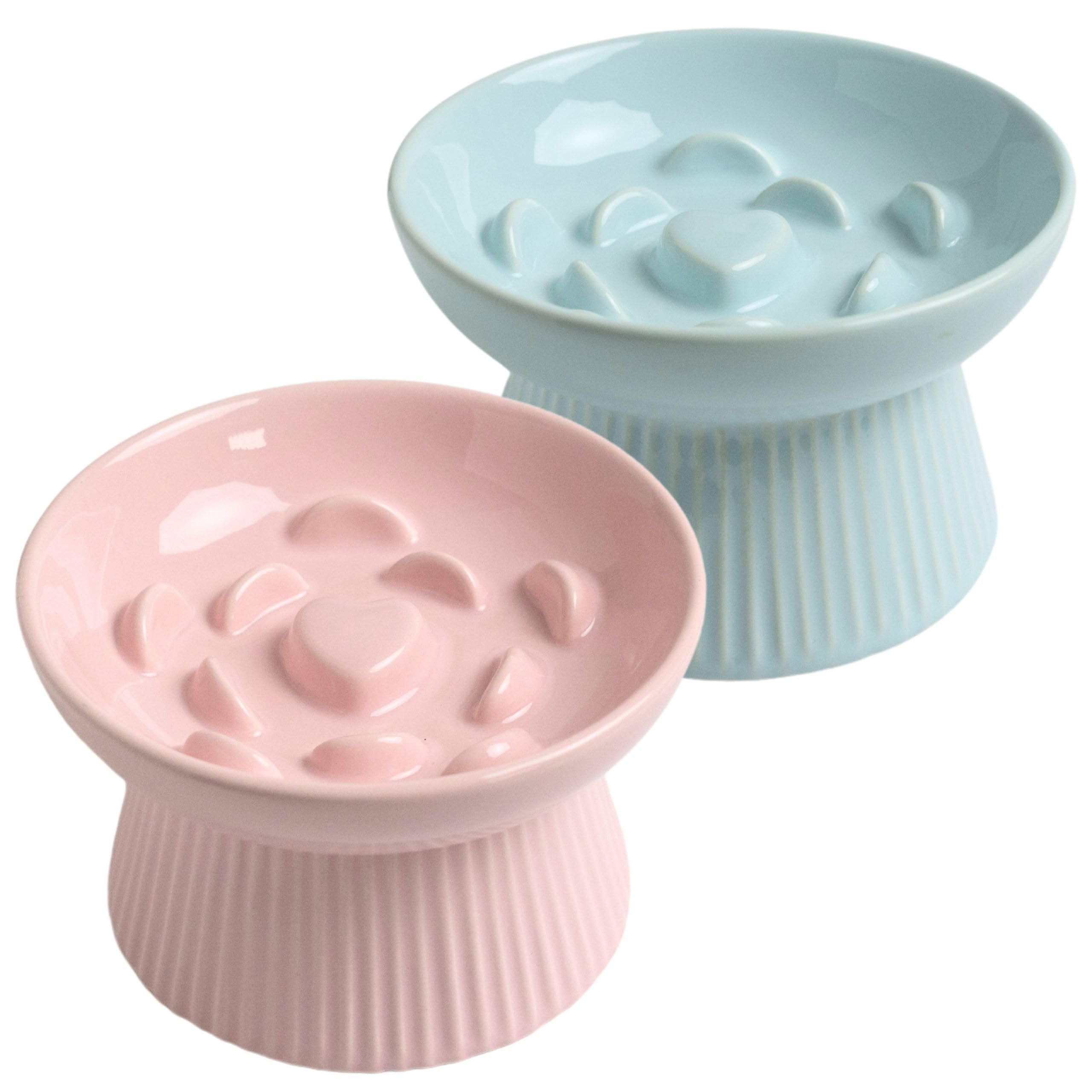 LE SERVETA 2 Pack Ceramic Slow Feeder Cat Bowl, Raised Puzzle Feeder, Anti-Vomiting, Elevated Food Bowl, Whisker Friendly (Blue, Pink)