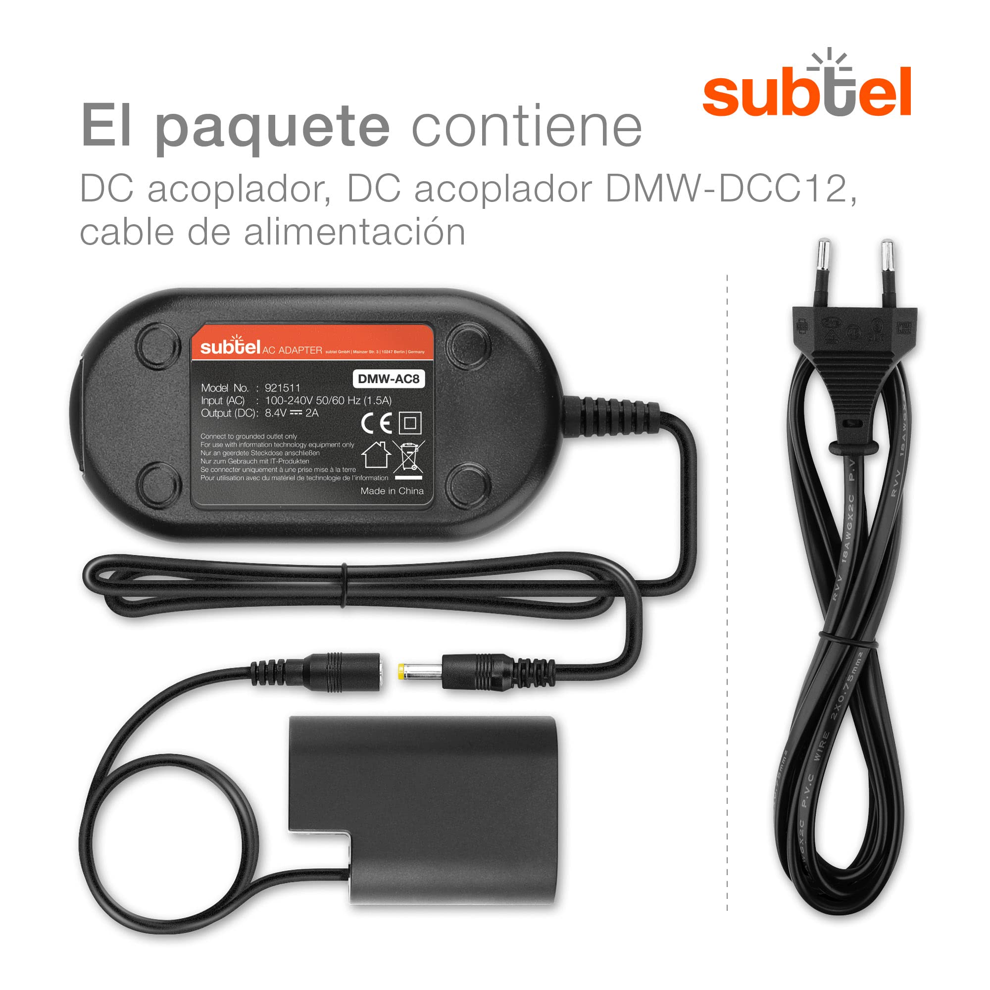 subtel Fuente de alimentación Compatible con ca. 3m DMW-AC8 + DMW-DCC12 + Acoplador DC Alimentador DC Coupler, Dummy Battery