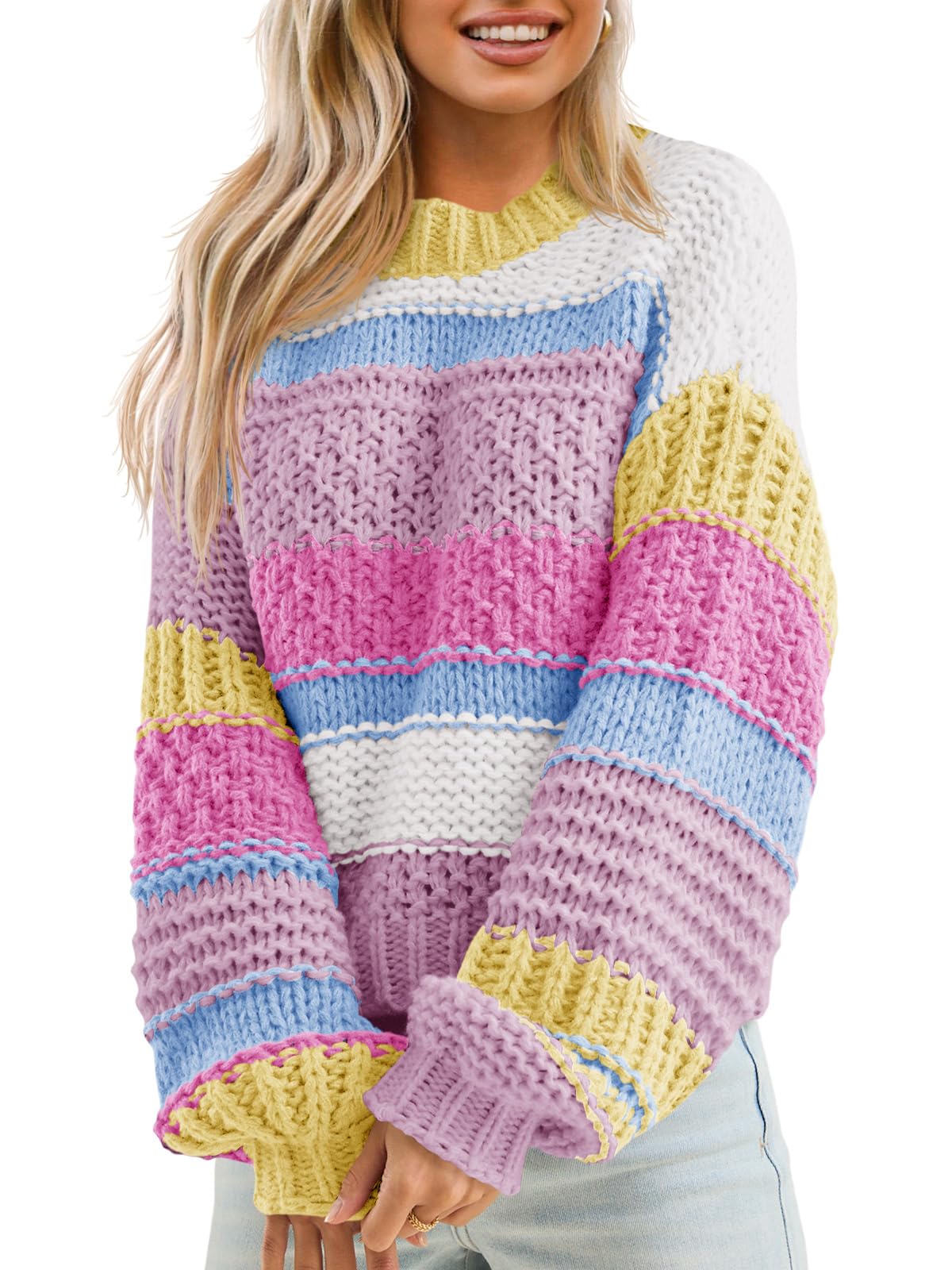 Womens Color Block Sweater Striped Chunky Knit Cropped Sweaters Crewneck Fall Long Sleeve Loose Pullover Tops-image-39