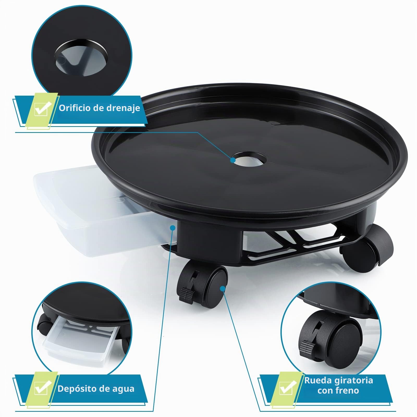 Skelang Macetero con Ruedas 33 cm, Soporte con Ruedas para Plantas, Carro para Plantas con contenedor de Agua para jardín, Patio, Patio, Sala de Estar, Capacidad de Carga 30 kg, Negro