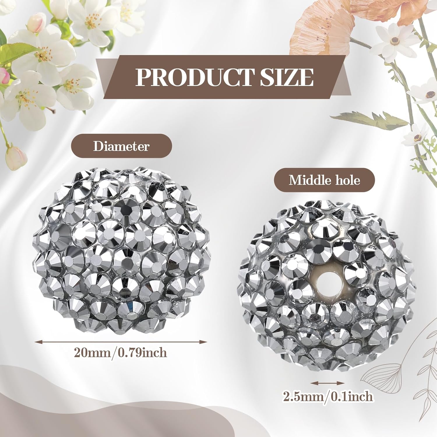 40 Pcs 20 mm Rhinestone Beads Bulk Crystal Round Disco Ball Chunky Bubblegum Beads for Pens Bracelets Charms Craft European Style Jewelry Making Supplies Christmas(Silver) - Image 2