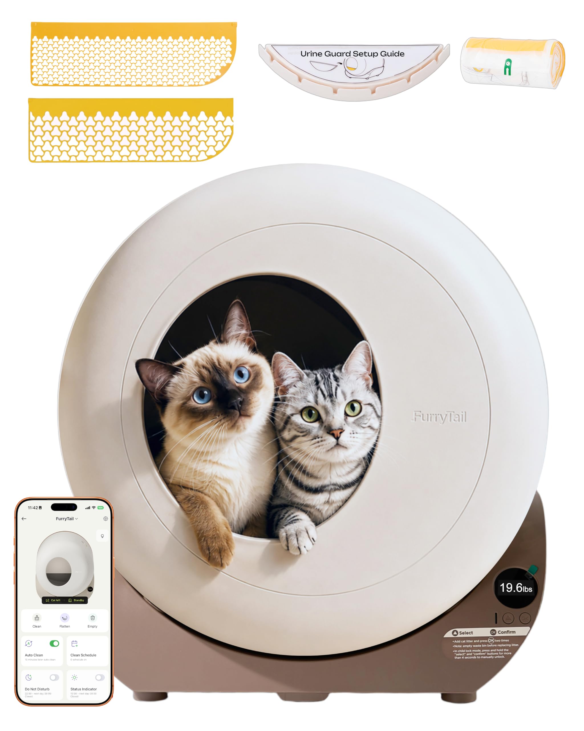 Furrytail Automatic Litter Box Self Cleaning, Kitty Litter Box, Smart Safety Sensors, Advanced Odor & Leak Control, Large Capacity for Multi Cat Homes, with App Control & 40 Trash Bags, Gray