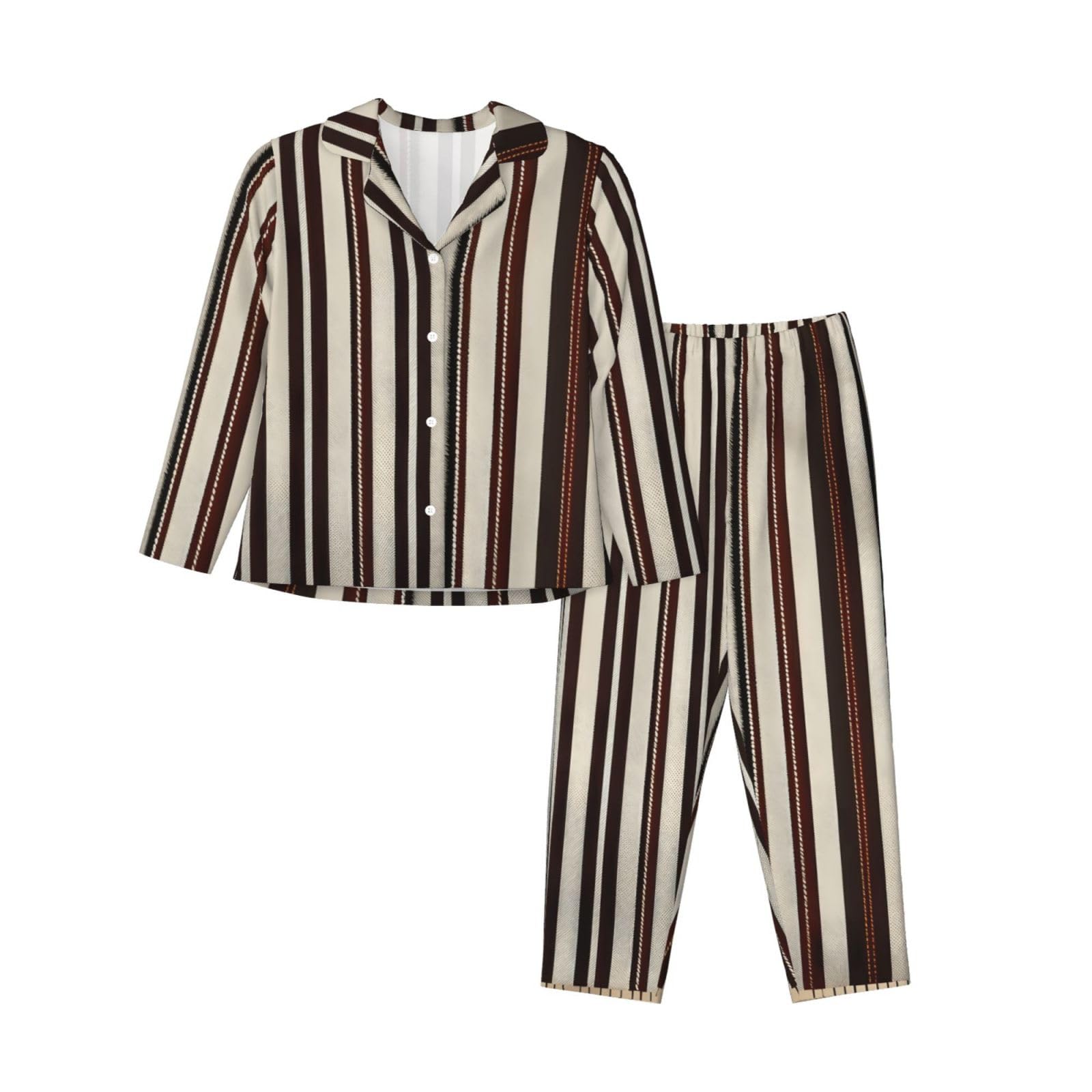 Set pigiama a maniche lunghe da donna con stampa a righe marroni Lounge Sleepwear Accogliente Nightwear Loungewear tutti i giorni