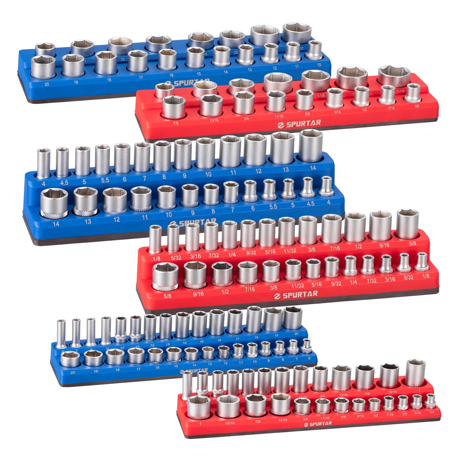 SpurtarMagnetic Socket Organizer 6Pcs, Metric and SAE Magnetic Socket Holder Includes 1/4", 3/8", 1/2" Drive Metric SAE Socket Organizer for Tool Box Drawer, Holds 143 Standard and Deep Size