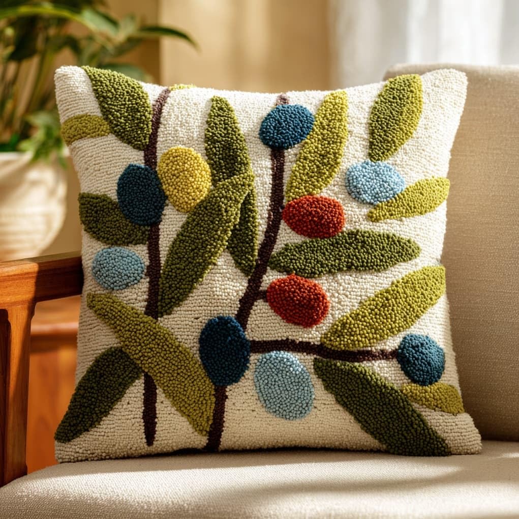 WallustrioaW Latch Hook Kit Cushion,Olive Branches and Fruits,Latch Hook Kit DIY Pillow Materials Package Embroidery Cross Stitch Gifts,17x17in