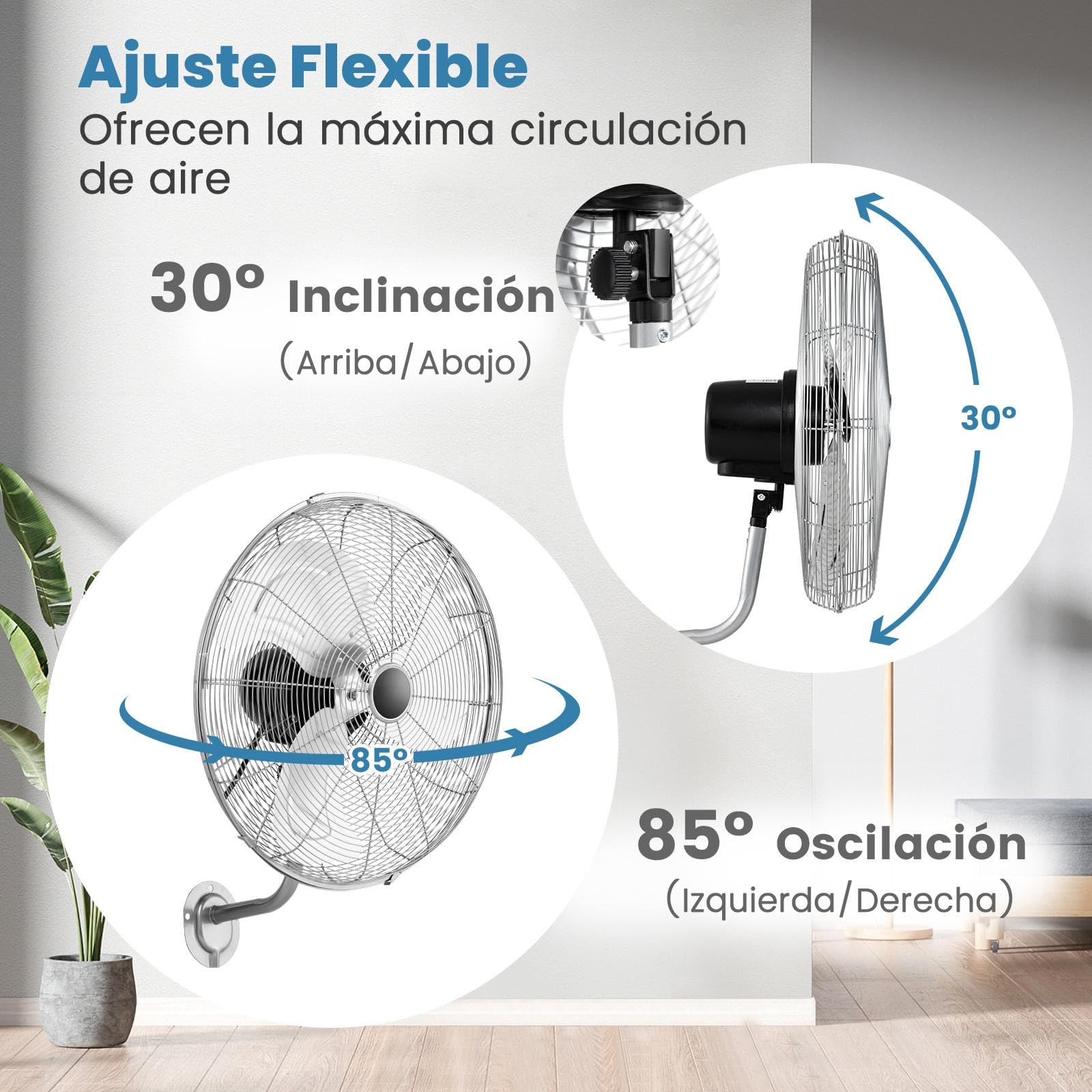 RELAX4LIFE Ventilador de Pared Ø56cm con 3 Velocidades, Rotación Horizontal 85° y Vertical 30°, Ventilador Industrial Oscilante 120W con Marco Metal y Pala de Aluminio para Almacén/Fábricas (Plateado)