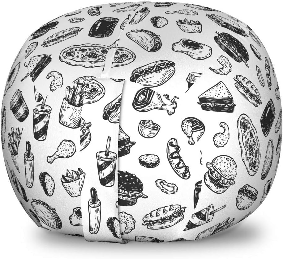 Lunarable Soda Storage Toy Bag Chair, Fast Food Burger Pizza Hot Dog Junk Unhealthy Meal Menu Wings Restaurant, Stuffed Animal Organizer Washable Bag, Small Size, Charcoal Grey and White