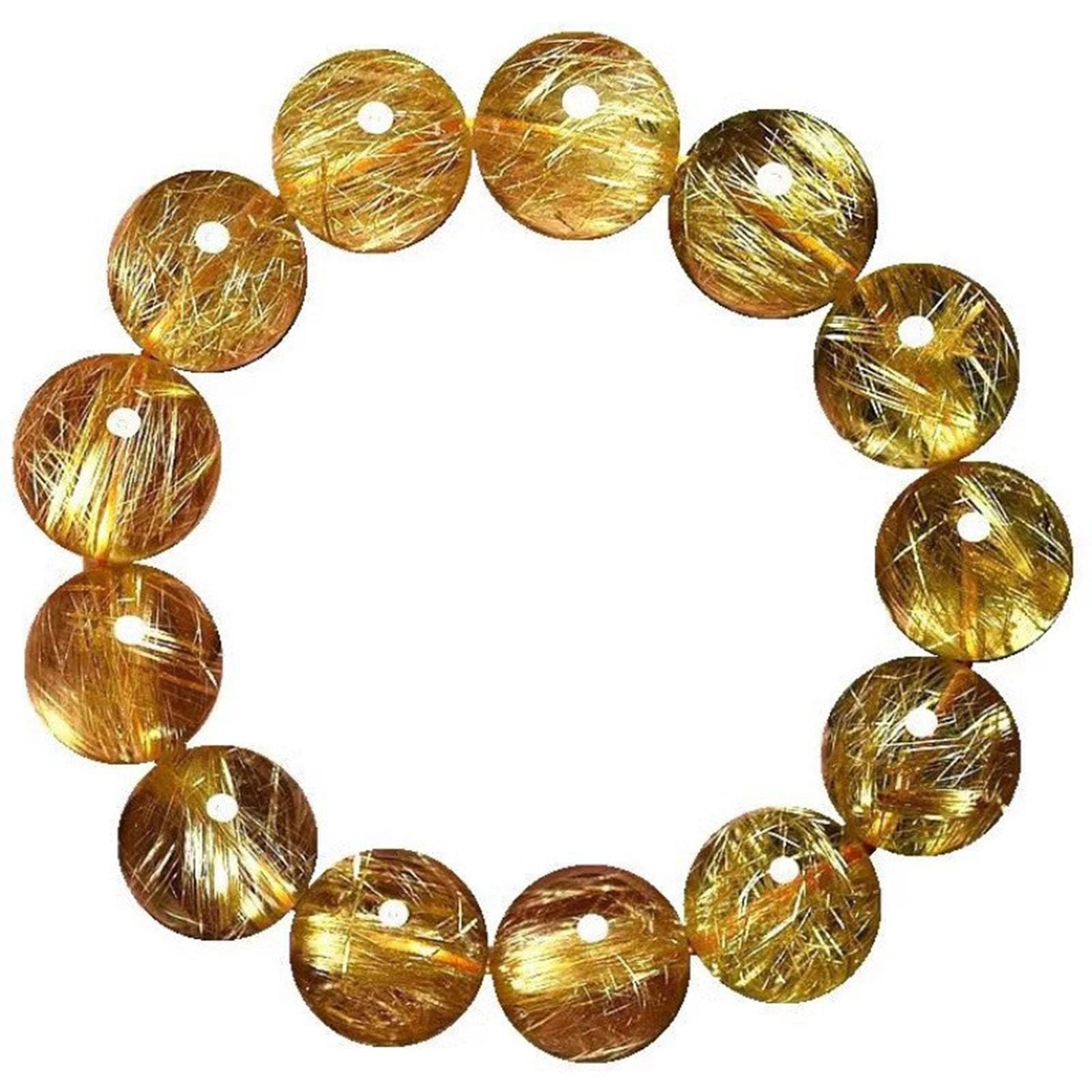 Pulsera de Cuarzo rutilado Amarillo con Piedras Preciosas curativas, Cristales Naturales, Pulsera de Cuentas Chakras, Cuentas de Cristal Ajustables, Cuarzo rutilado Dorado, Pulido,10MM