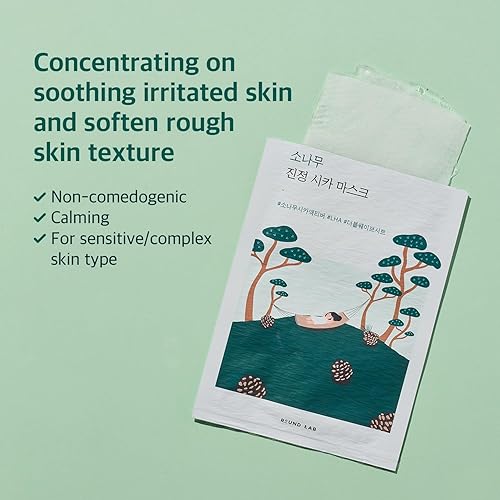 Miniatura 2 de ROUND LAB Pine Calming Cica Sheet Mask 10ea, mascarilla refrescante y calmante para piel calentada y propensa al acné, diseño de orificio de aire de