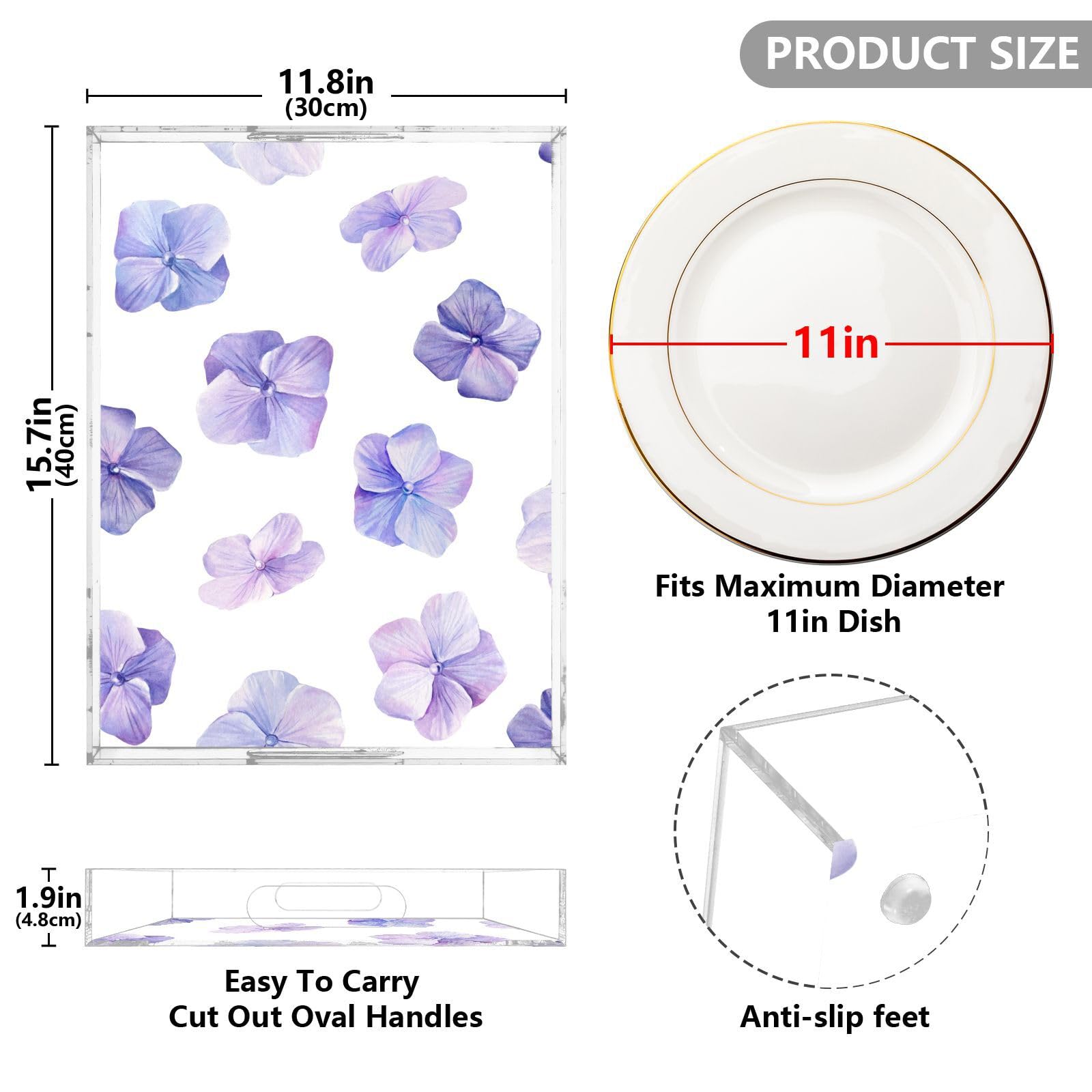Bandeja de acrílico transparente para servir con asas, bandeja de desayuno de 12 x 16 pulgadas, bandeja de desayuno acrílica azul con flores de hortensias, acuarela, a prueba de derrames, bandeja de