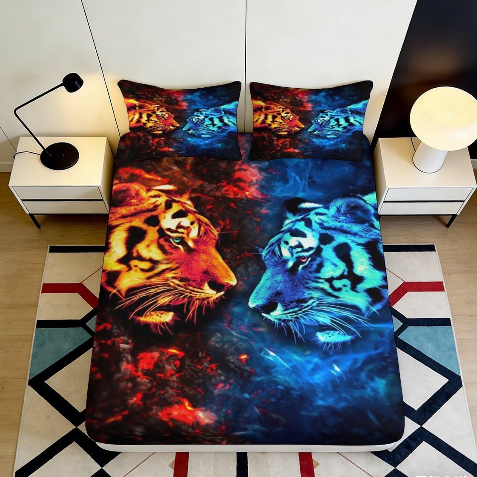 3D Printed Fire Tiger Fitted Sheet Microfiber Soft Blue Tiger Mattress Cover for Bedroom Dorm Bed Decoration 160x200x25cm