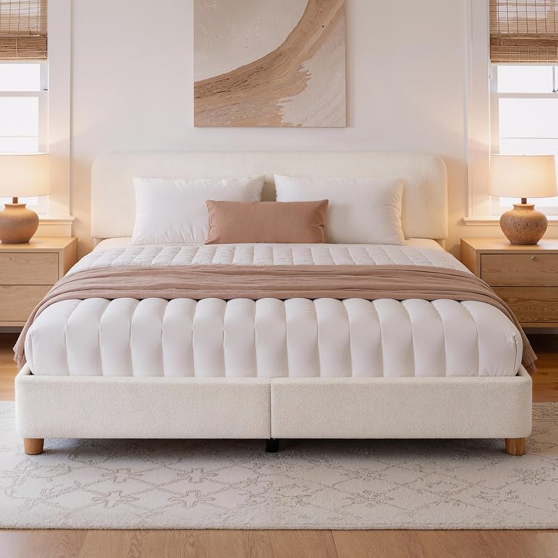 King Size Cloud Bed Frame, Boucle Wood Upholstered Platform Bed, Cream | Adjustable Headboard, Sturdy Wood Legs, Rounded Corners, Modern Cama King