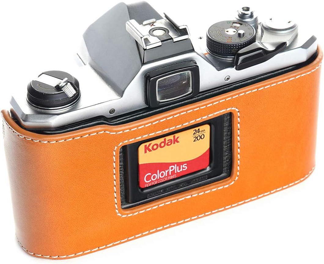 Pentax MX ME Case, BolinUS Handmade Genuine Real Leather Half Camera Case Bag Cover for Pentax MX ME Camera with Hand Strap (Yellow)