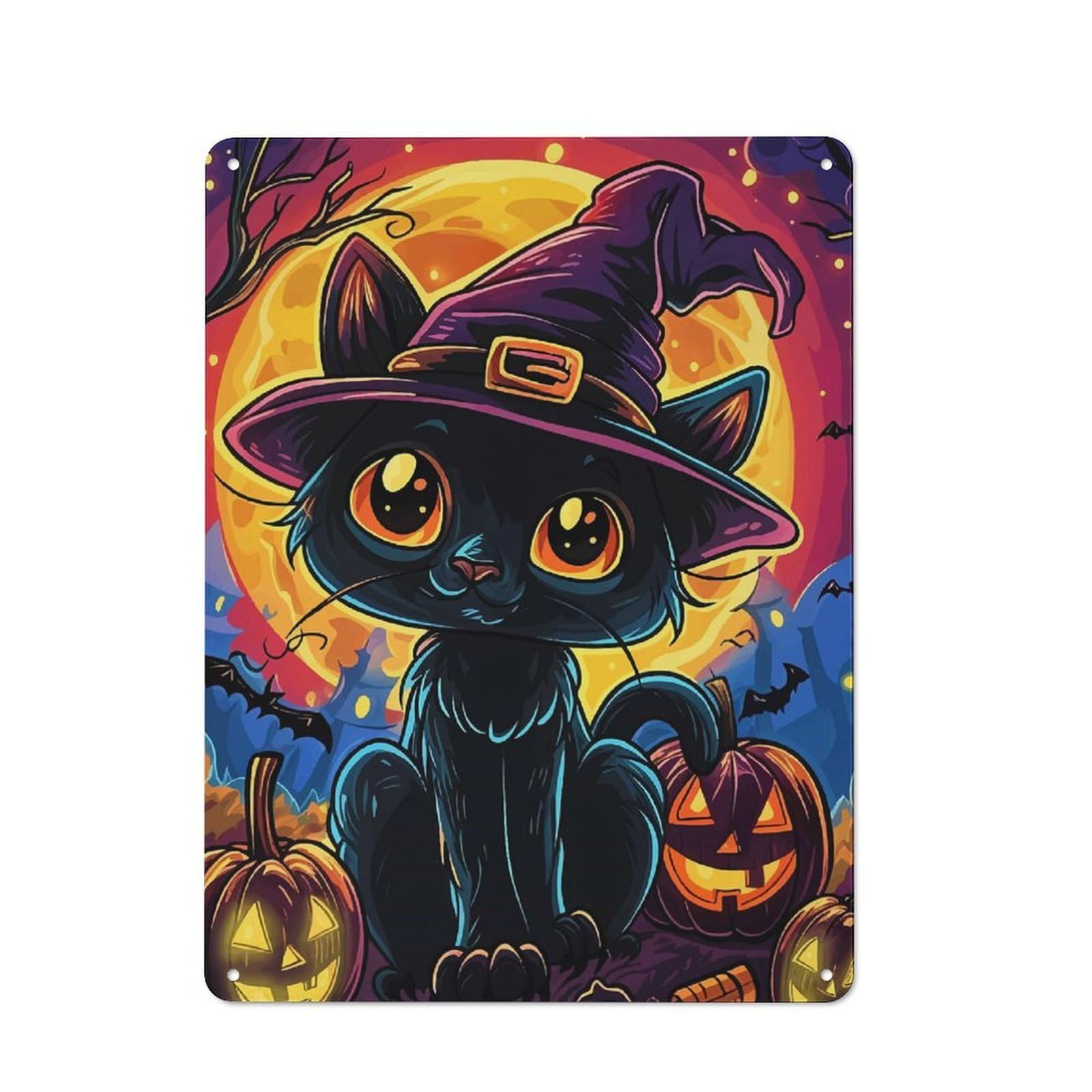 Junmoney Halloween Witch Cat Rustic Metal Wall Decor 40X30cm, Country Metal Sign For Kitchen, Cottage, Porch Or Garden Room
