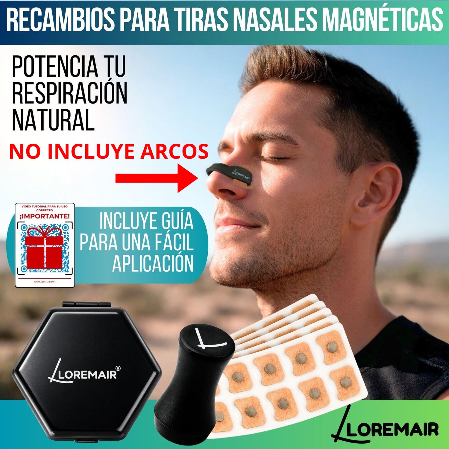 Recambios Tiras Nasales Magnéticas | 60 parches /30 días + caja de almacenamiento viaje + Aplicador | Dilatador Nasal Magnético | Tiras Nasales para Dormir (60 Parches + Caja)