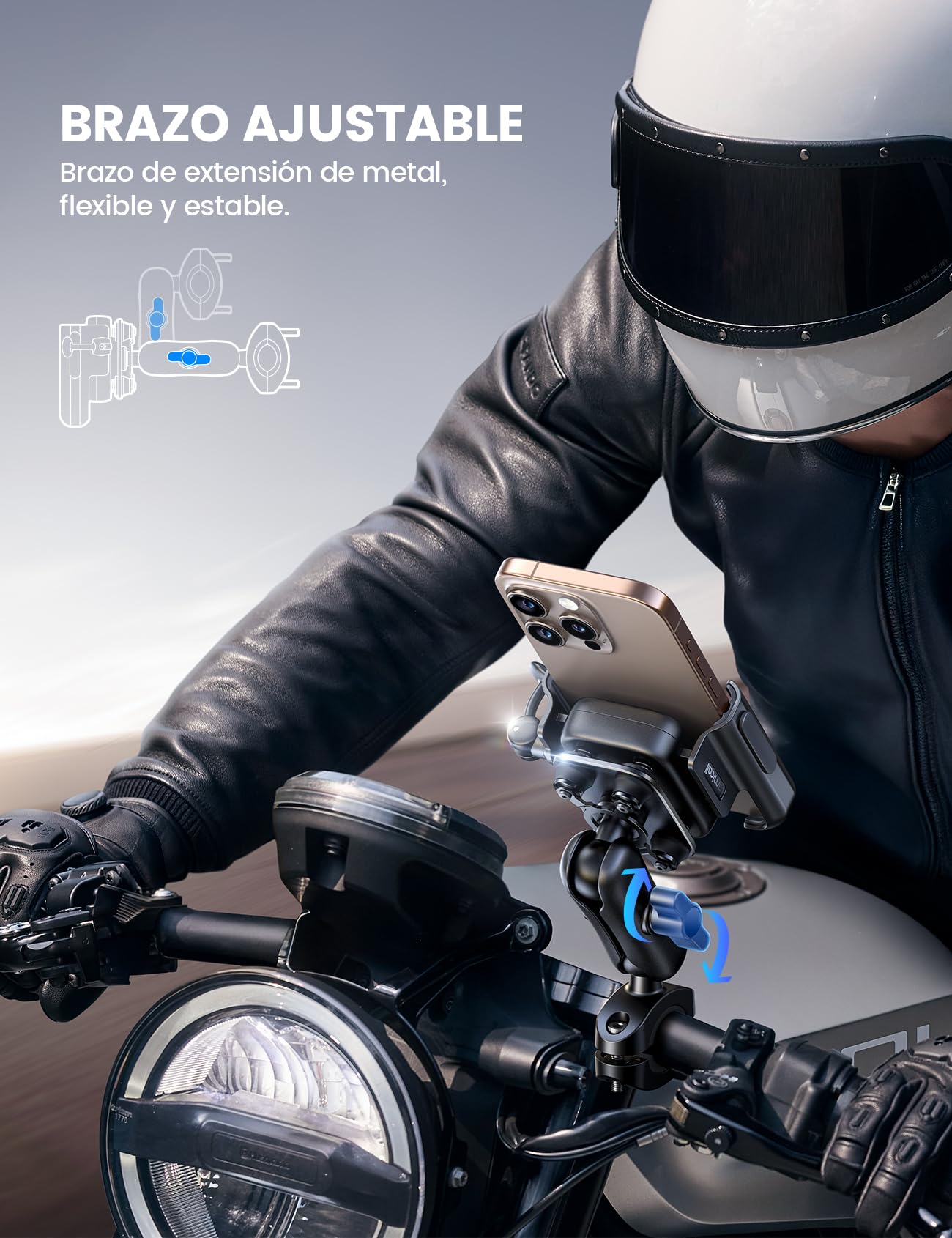Lamicall Soporte Móvil Moto - [Metal Completo] [Brazo Extensible] [Antivibración] Antirrobo, Soporte Móvil Bicicleta de Manillar, 2 x 360° Rotación, para iPhone 17 16 y Otro Smartphone de 4,7-7,2"