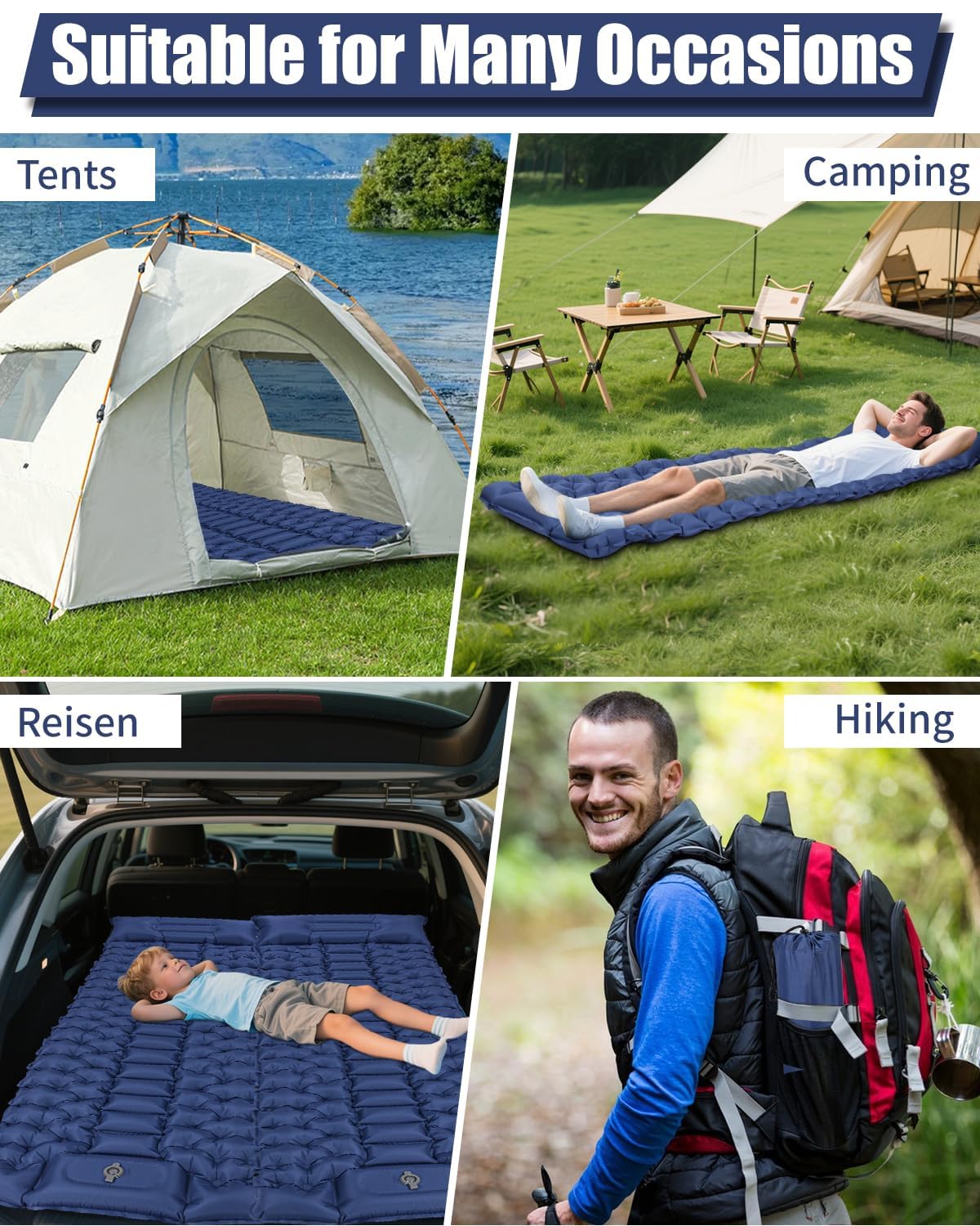 Matelas Camping Gonflable, Matelas Autogonflant avec Oreiller Intégré et Pompe à Pied, Ultraléger Matelas Gonflable 1 Place, Portable Matelas pour Camping, Randonnée, Aventure, Trekking, Bleu