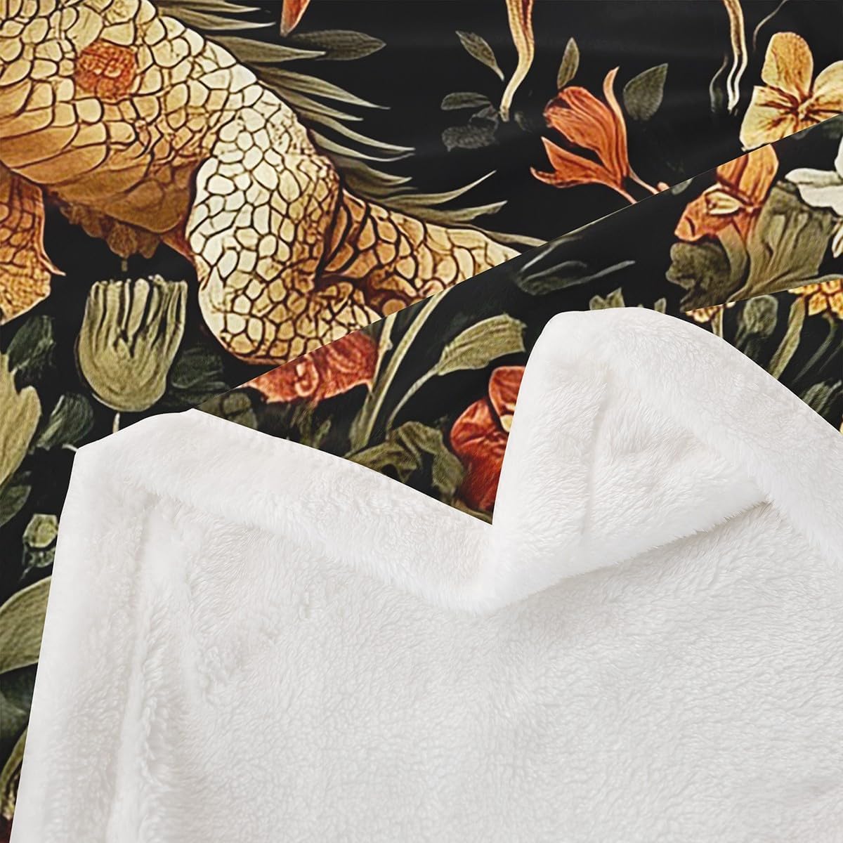 Western Dragon Kids Flannel Blanket,Cartoon Cute Wild Animal Print Fuzzy Blanket for Children,Colorful Floral Green Leaves Black Polyester Throw Blanket for Couch, Twin Size (60 x 80 Inch)