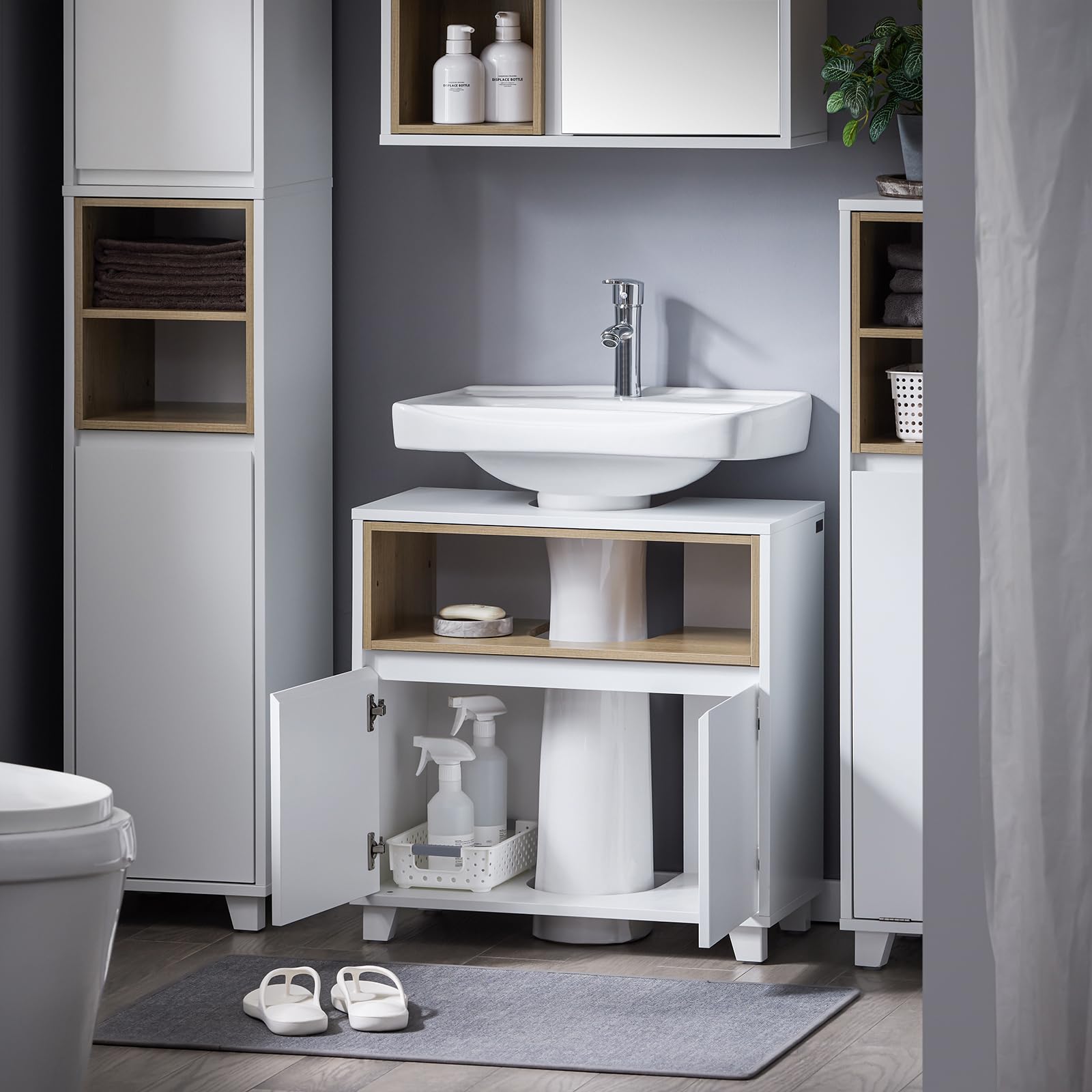 SoBuy Meuble sous Lavabo Salle de Bain Meuble Vasque Armoire de Rangement avec 2 Compartiments et Porte, Design Bois-Blanc, pour Petit Espace et Ensemble Meubles Salle de Bain 60x30x61 cm BZR148-W