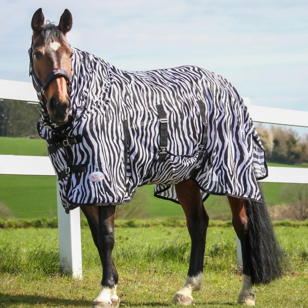 Marengos - reißfeste Zebra Fliegendecke mit Halsteil & Bauchlatz – robuste & atmungsaktive Ekzemerdecke – Schutz vor Insekten – Outdoor-Pferdedecke – 125cm | Decke für Pferde mit Halsteil & Bauchlatz – robuste, atmungsaktive Ekzemerdecke – Schutz vor Inse