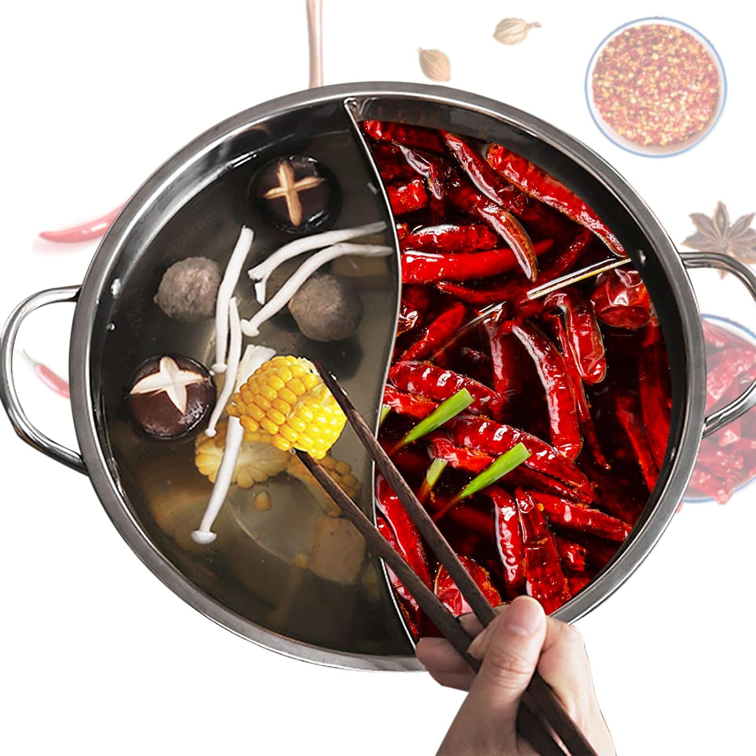 Double-flavor Hot Pot Hot Pot with Divider, 7L/1.85Gal Hot Pot with Clear Lid for Induction Cooktop Gas Stove Electric Ceramic Hob (34cm/13.4in)