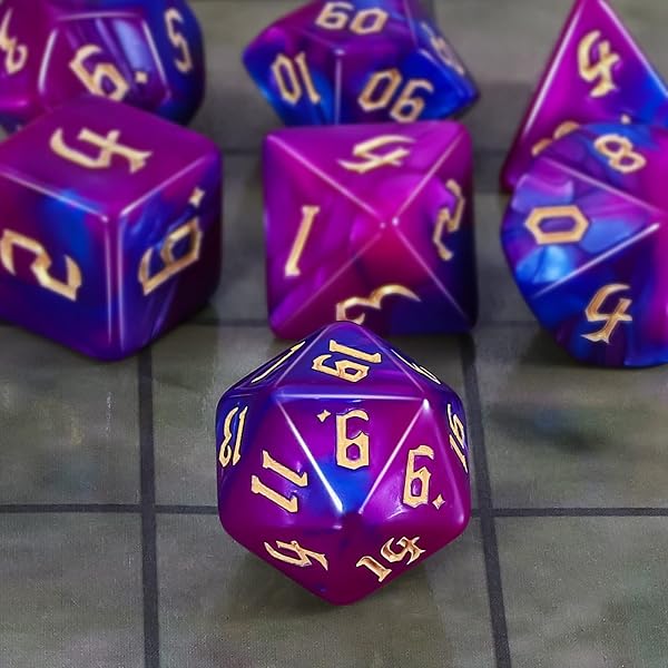 QMAY DND Dice Polyhedral Dice Set – 7 pezzi per Dungeon and Dragons MTG RPG D&D D20, D12, D10, D%, D8, D6, D4 (blu con viola) - 3