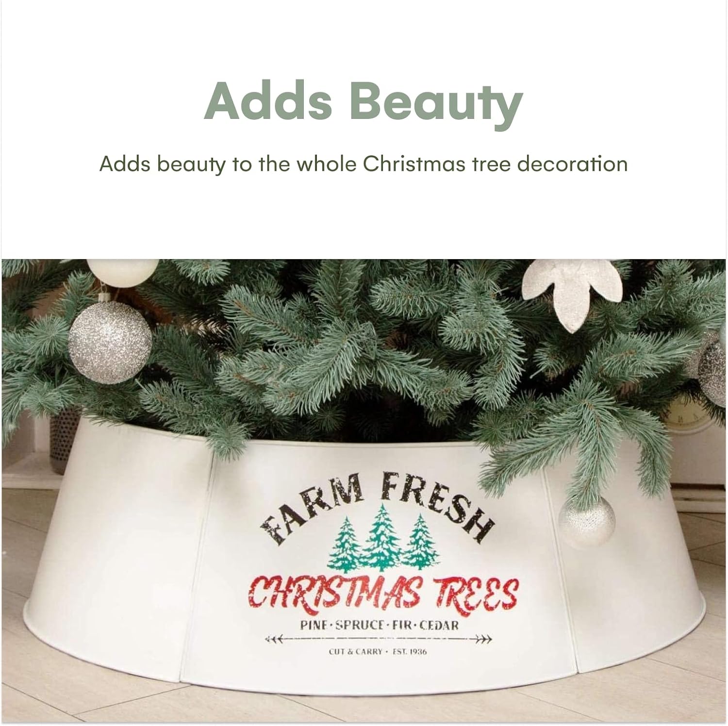 Hallops Galvanized Christmas Tree Collar - Adjustable Metal Ring Skirt, Christmas Tree Stand Base Cover, Glossy Finish, Standard Size, Christmas Decor.