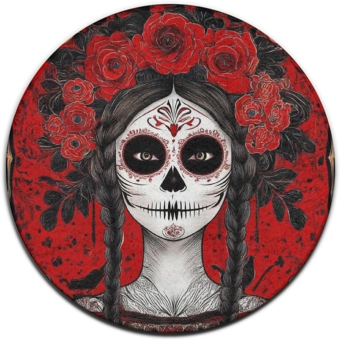 Men's Soft Round Yoga Carpet Fashion Circular Area Rug Living Room Decor Mat Mexican Red Rose Sugar Skull Floral Women Day of The Dead Art, 24inch
