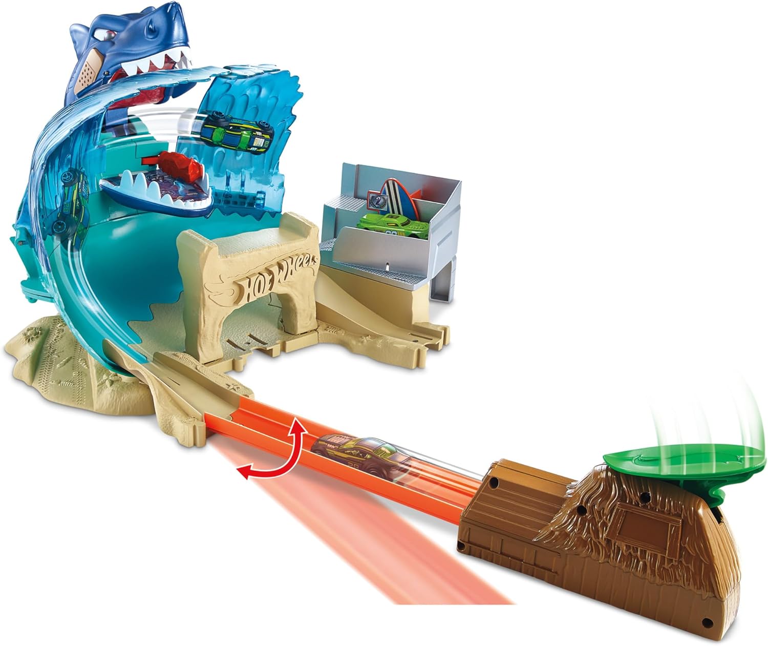 Assembled Hot Wheels Shark Beach Battle playset with car on track